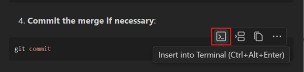 Chat code block to list files with Insert into Terminal option visible
